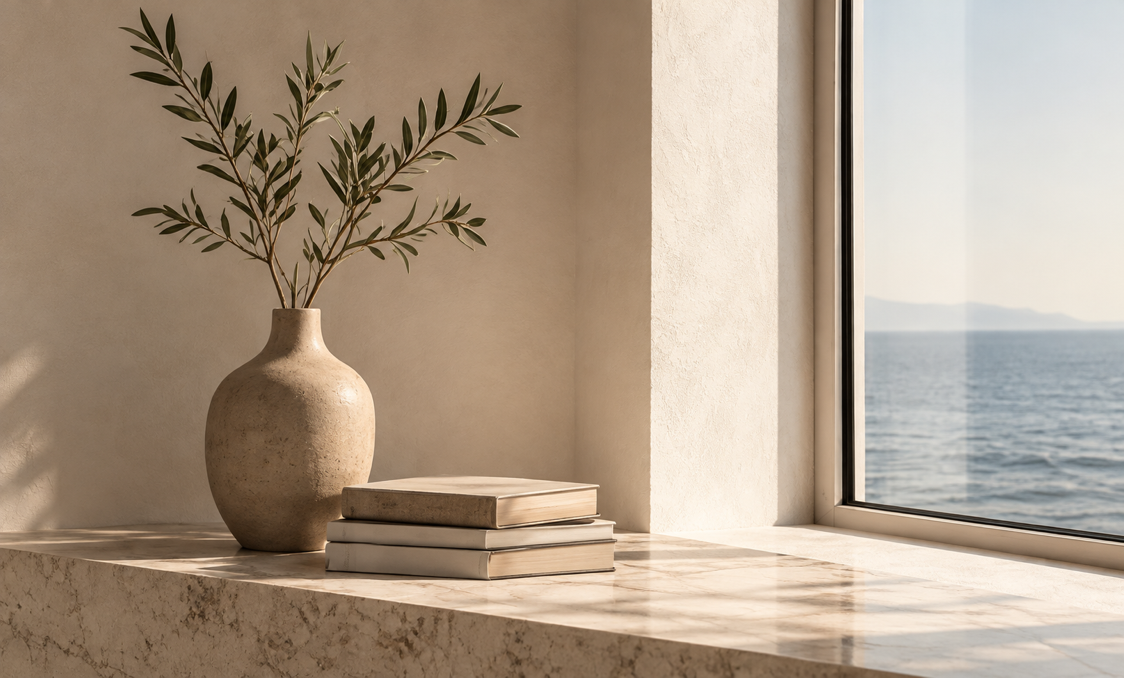 Warm ceramic vase with dried olive branches beside stacked books on a stone surface near a sunlit window